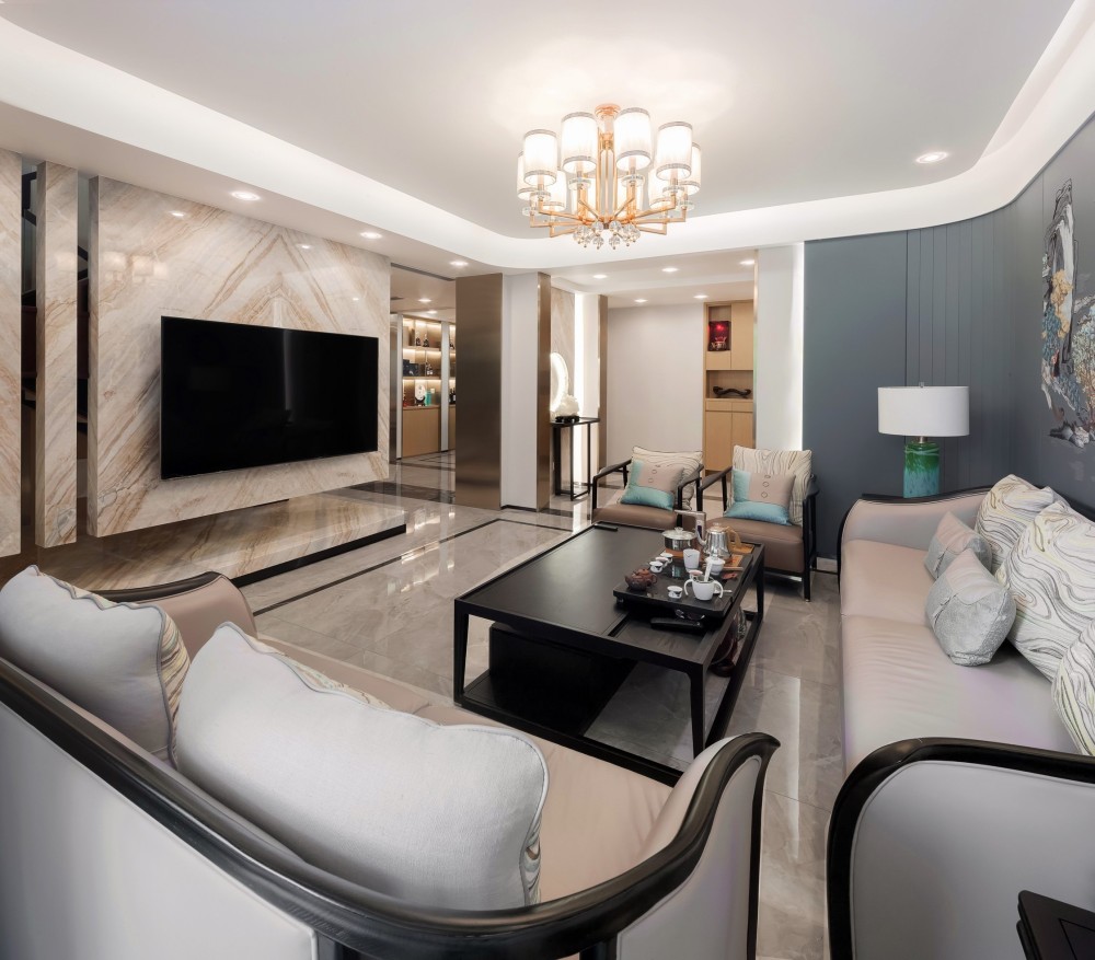 新中式风格室内家装案例效果图-客厅全景 新中式风格室内家装案例效果图-客厅全景